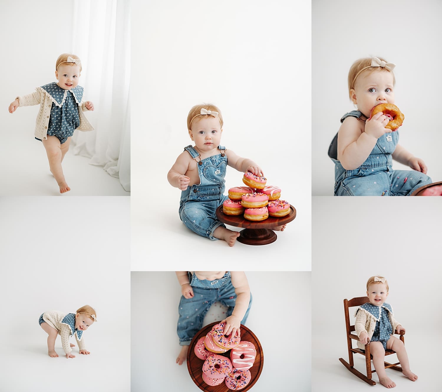 little one in blue eats pink donuts in studio for the first year collection