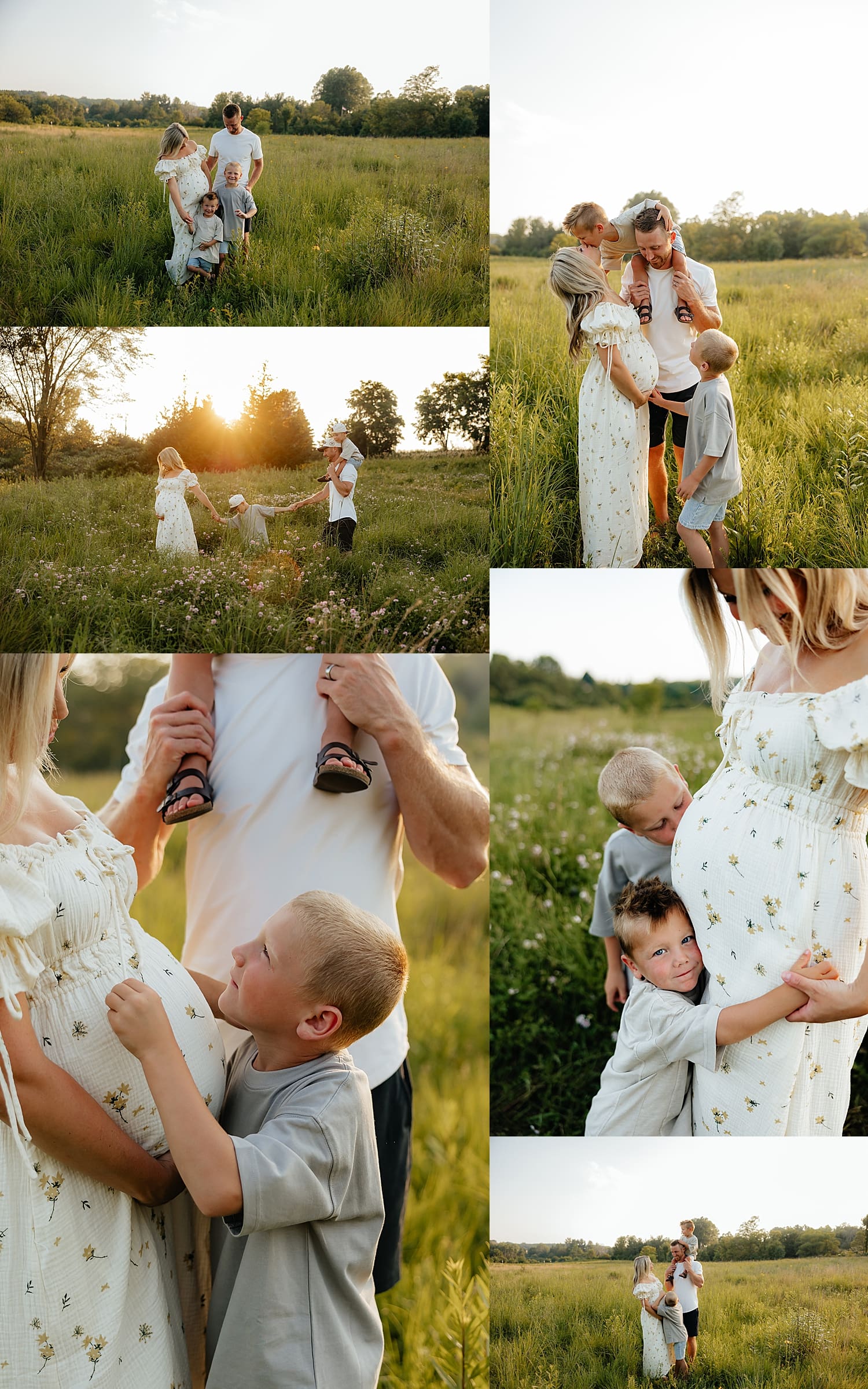 two small boys snuggle their parents for golden hour maternity session