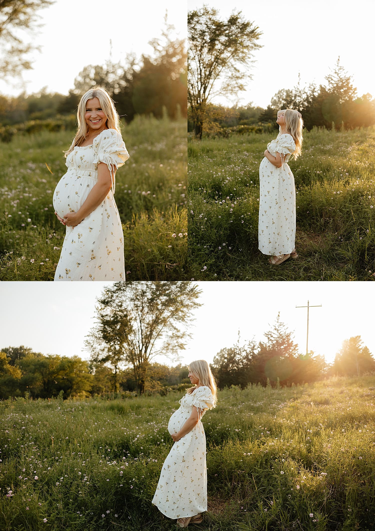 expecting mama stands in a field for golden hour maternity session