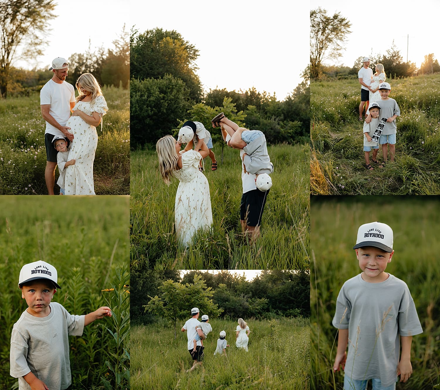 parents playfully run through field with kids for golden hour maternity session