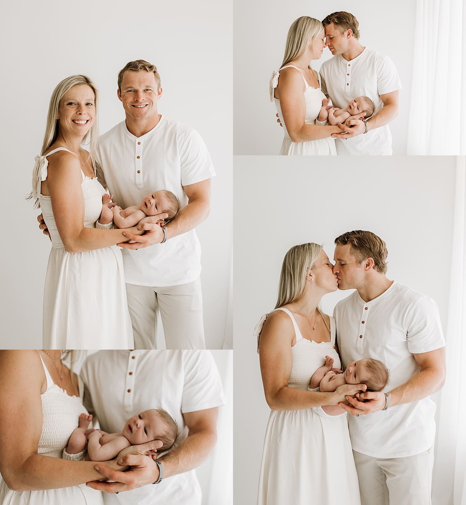 husband and wife snuggle their new little one for neutral newborn session