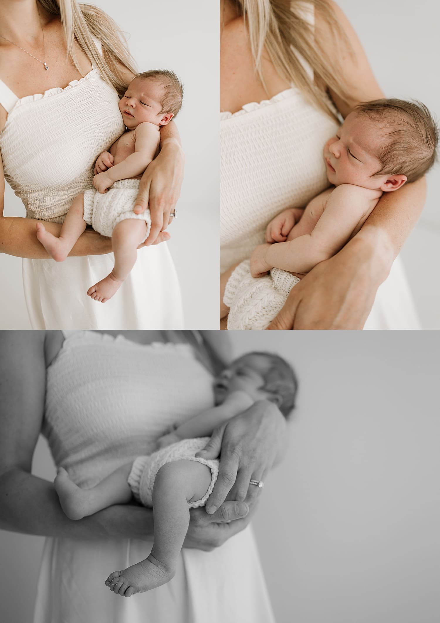 blonde in white dress snuggles new baby for neutral newborn session