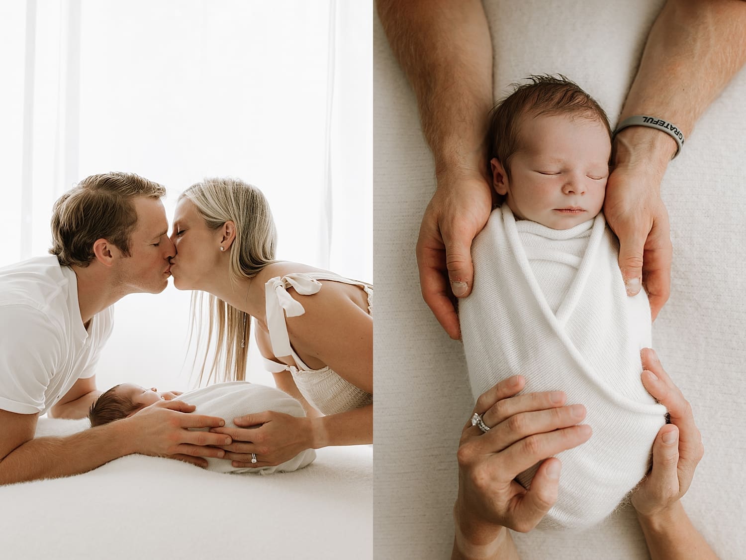 parents share a quick kiss over infant for neutral newborn session
