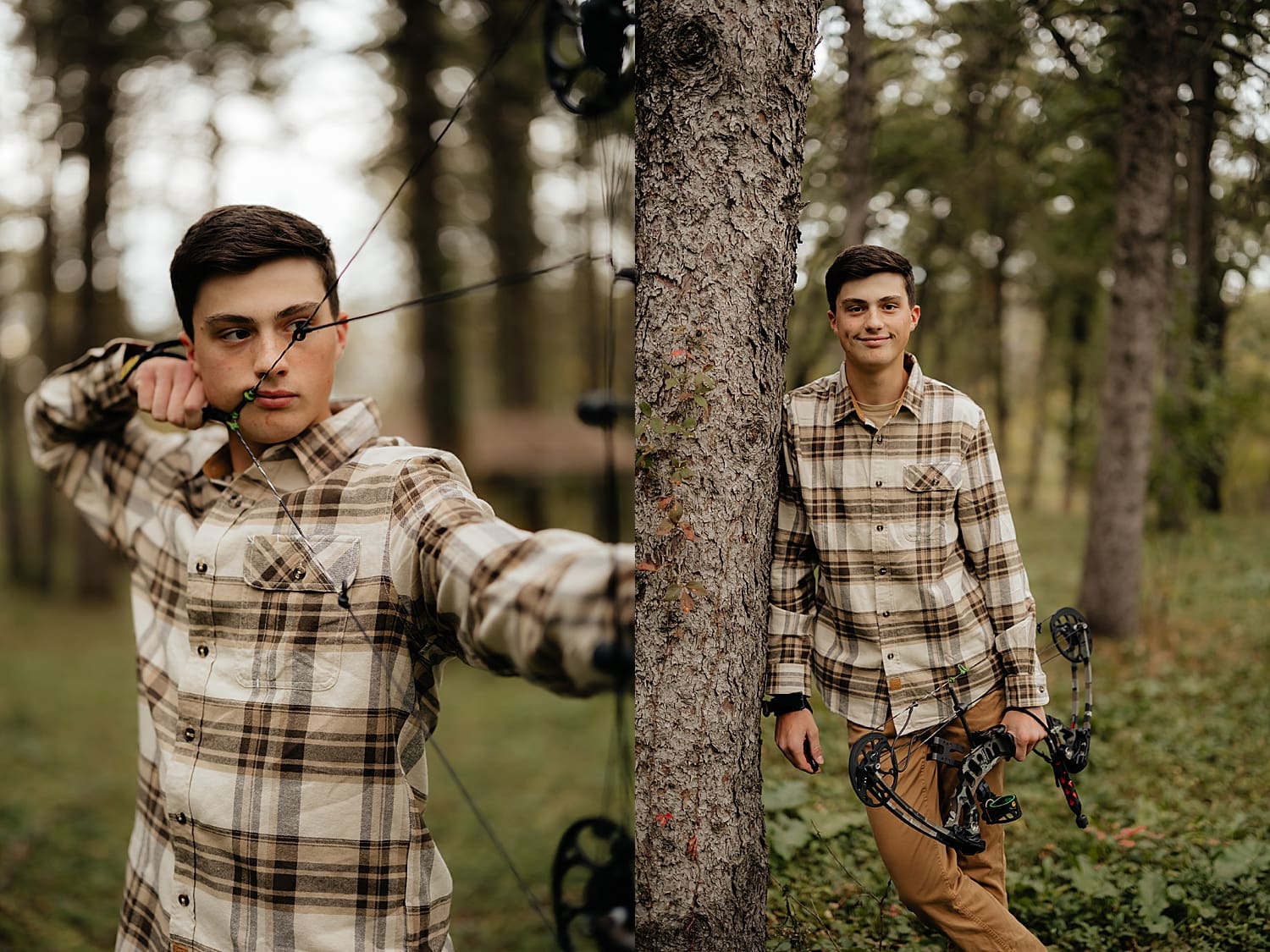 boy with brown hair and plaid shirt holds up bow & arrow by Rose and Oak Photography