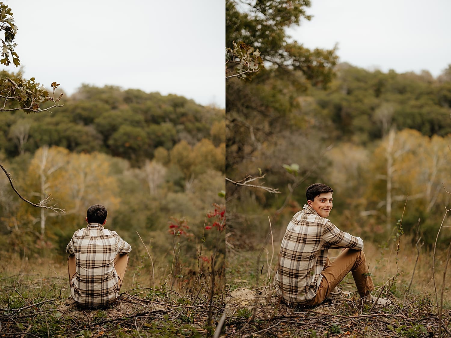 student sits on ground looking out over trees by Wisconsin family photographer