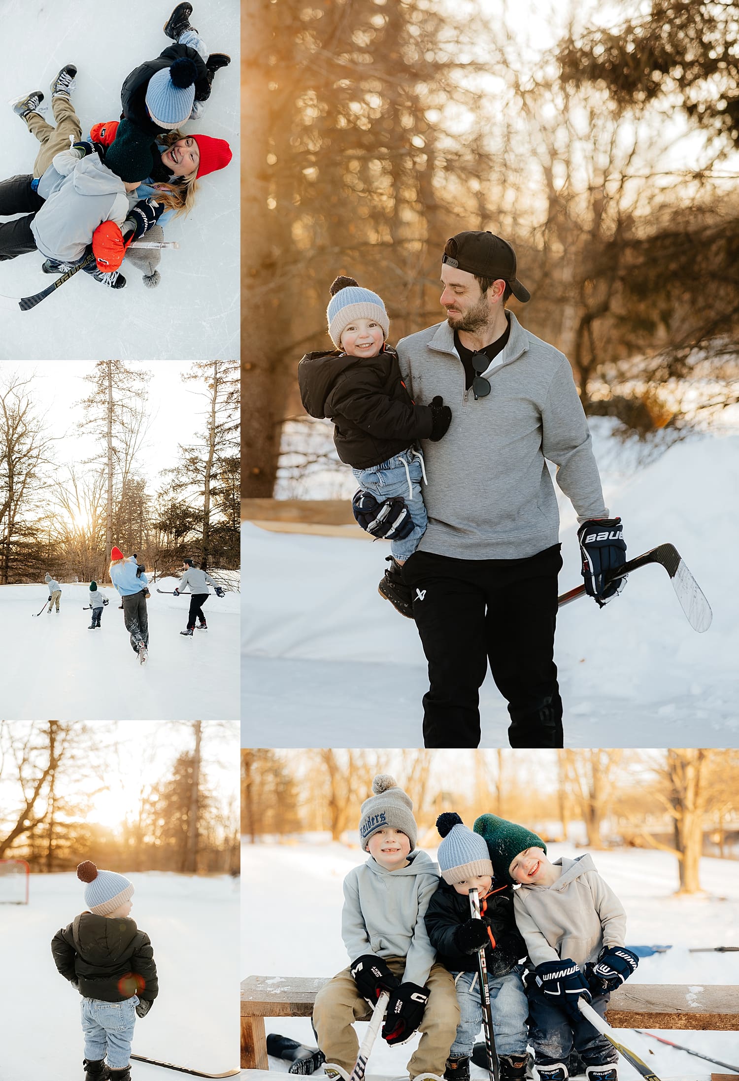dad carries toddler on ice for family session on hockey rink