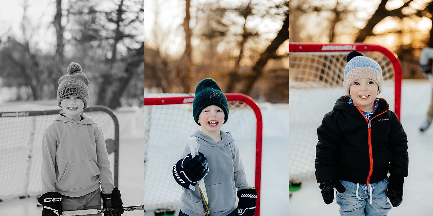 little boys in hats stand in front of goal on ice by Wisconsin photographer
