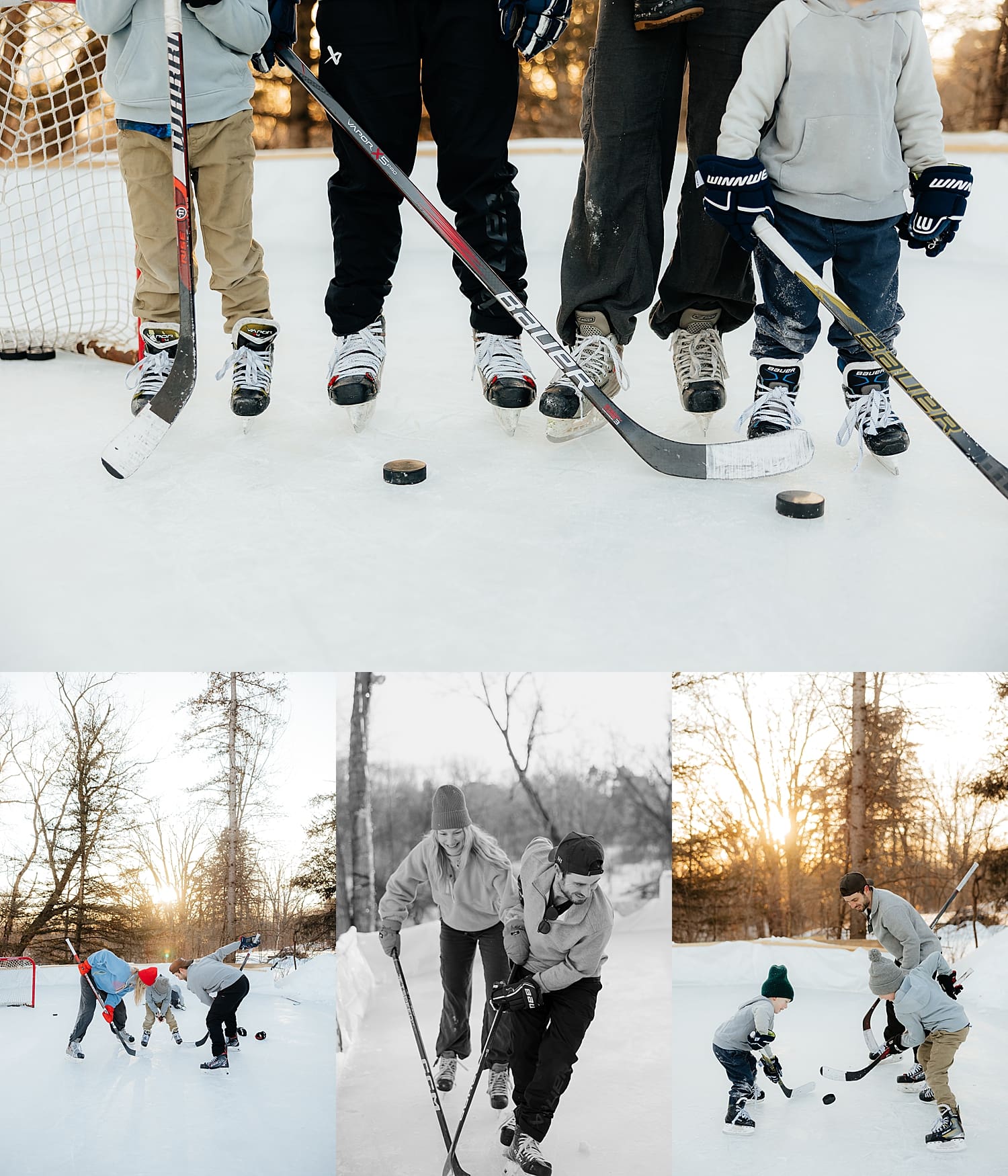 three toddlers and two parents skate together on ice by Rose and Oak Photography