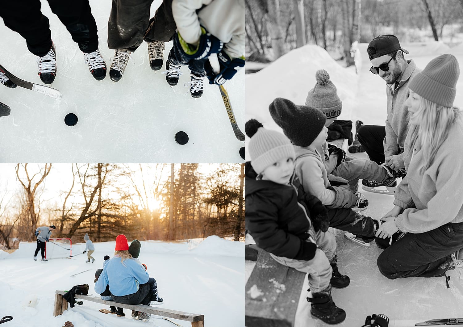 mom and dad adjust kids skates for for family session on hockey rink