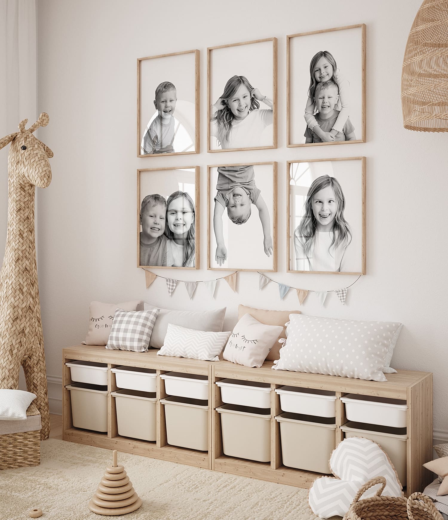 six frames centered above a toy bin by Rose and Oak Photography