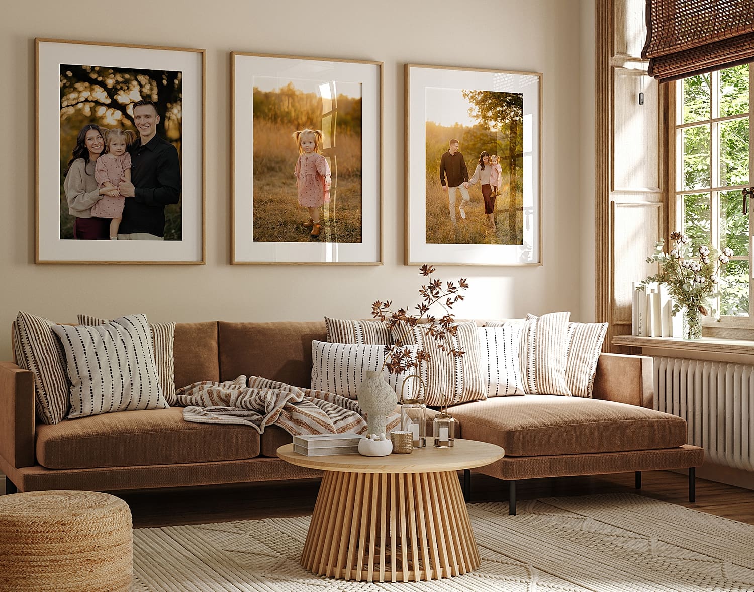 three large wall art prints set up over couch by Rose and Oak Photography