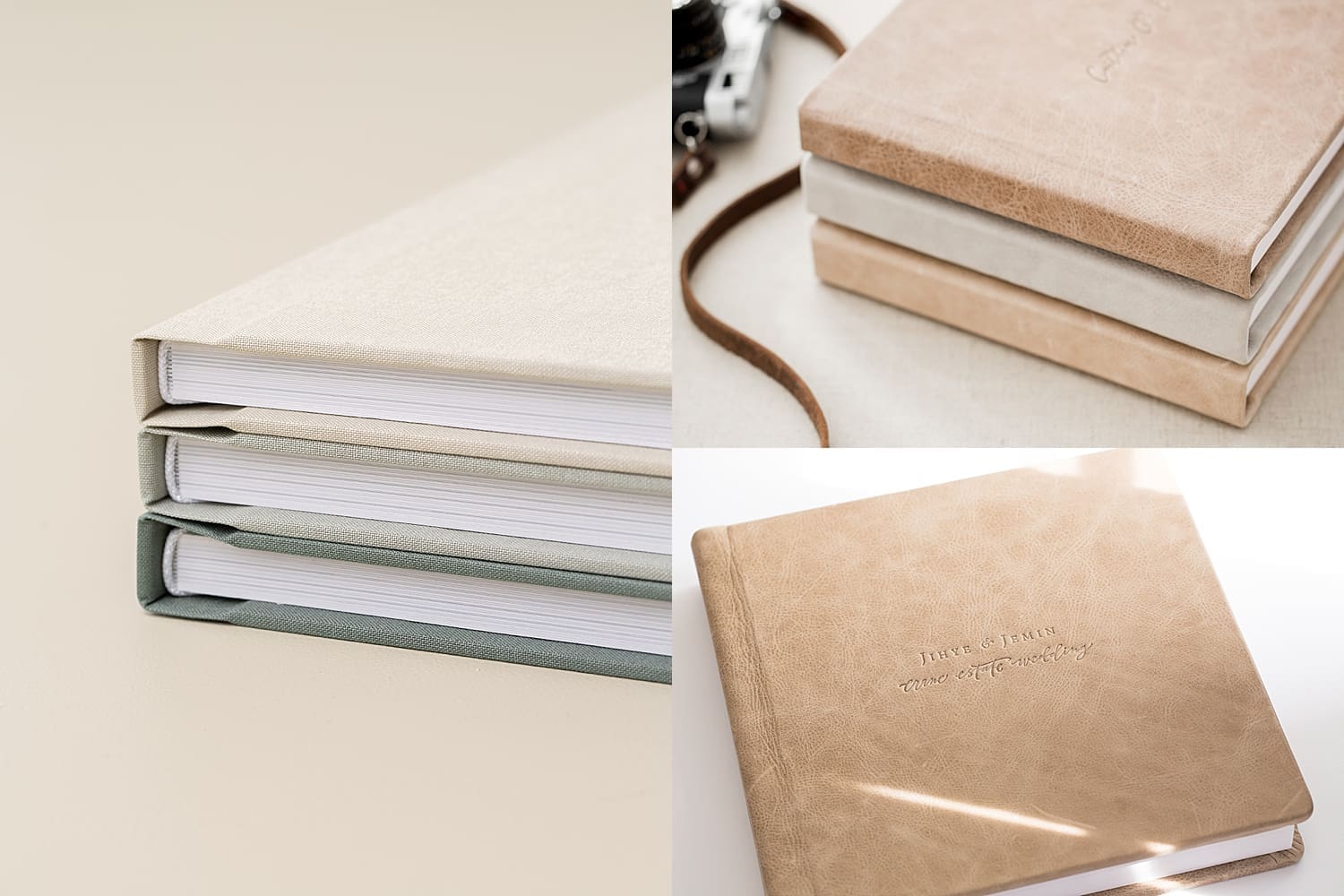 three light linene albums stacked on table by Wisconsin family photographer